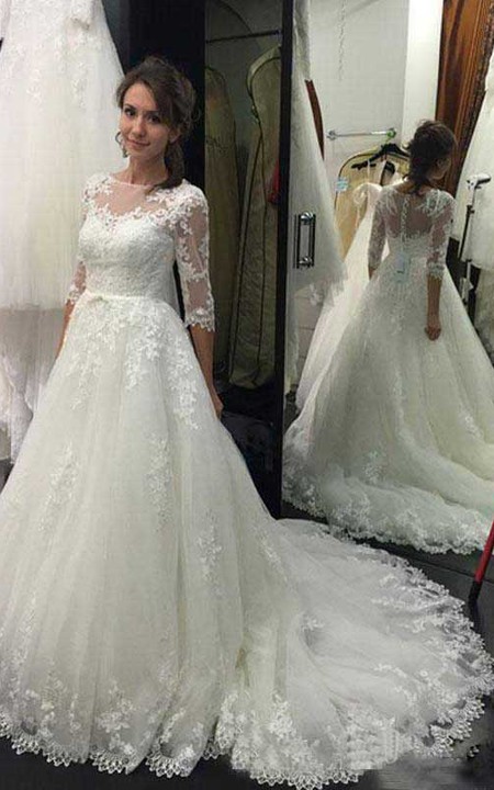 Bateau Lace Tulle Illusion 3/4 Length Sleeve Wedding Dress
