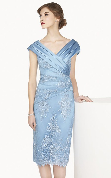 Satin V Neck Cap Sleeve Sheath Knee Length Lace Prom Dress Shown In Blue