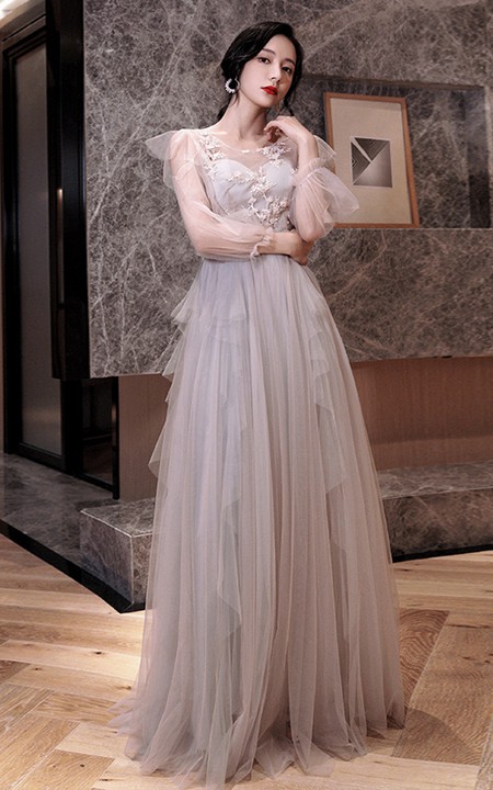 V-neck Off-the-shoulder Tulle Floor-length Prom Evening Dress With Ruffles