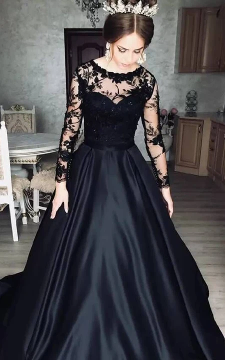 Modern Satin Bateau Ball Gown Long Sleeve Brush Train Formal Dress with ...