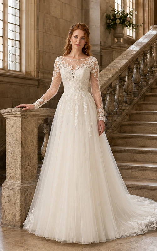 Illusion Long Sleeve Lace Tulle A-Line Manor Gown