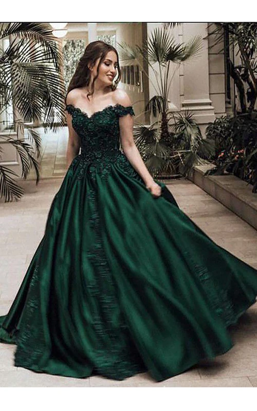 Off-the-shoulder Satin Lace Short Sleeve Sweep Brush Train Appliques Beading Pleats Embroidery Dress