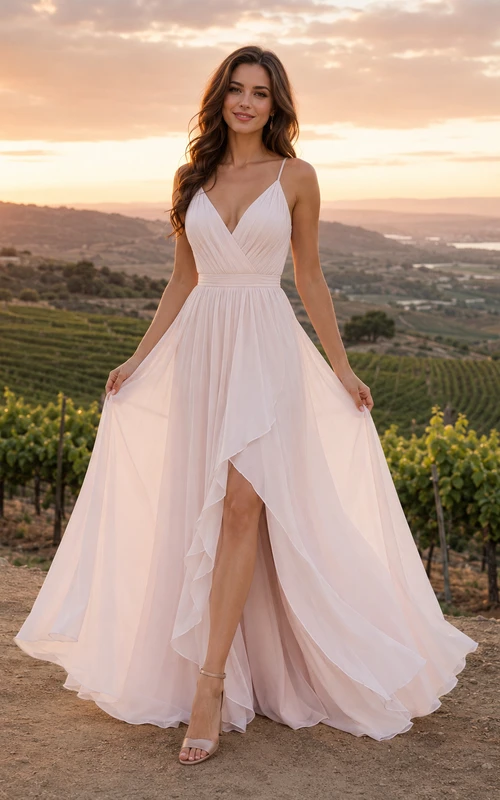 Flowing V-Neck Chiffon Side Slit Vineyard Elopement Gown