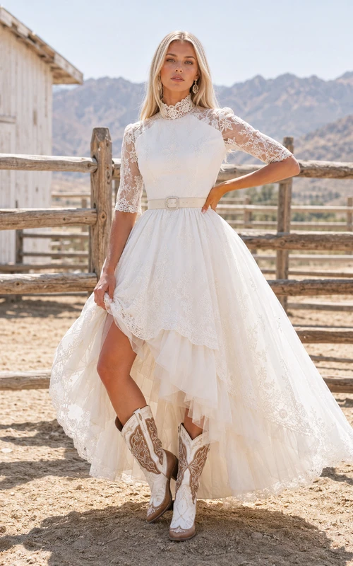 Vestido de novia estilo rancho modesto, largo hasta la rodilla, con cuello alto de encaje y mangas largas, corte romántico en línea A de tul.