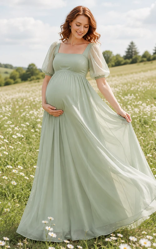 Maternity celadon Square Neck Puff Sleeve Chiffon Gown