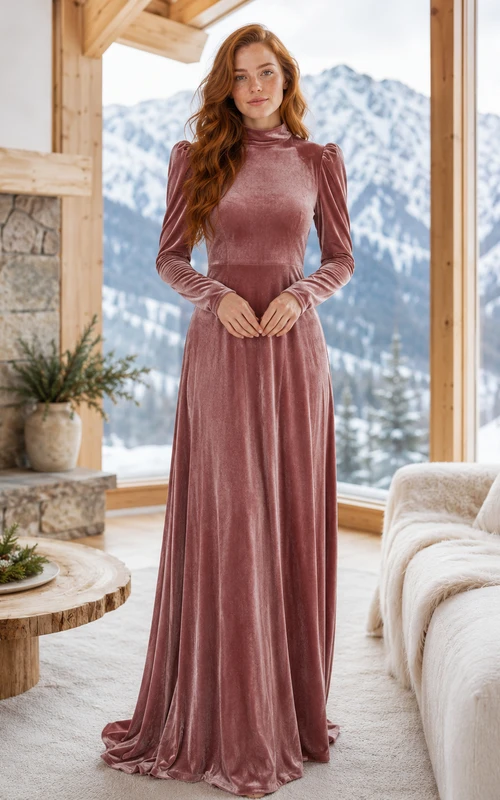 Mauve Velvet High Neck Long Sleeve Winter Cabin Gown