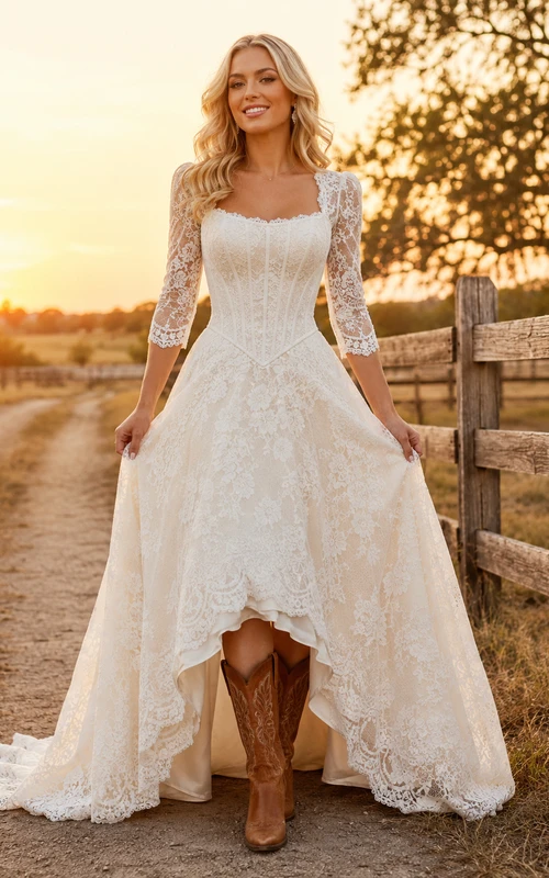 Vestido de novia vintage de encaje, corte A, escote cuadrado, manga larga y espalda baja