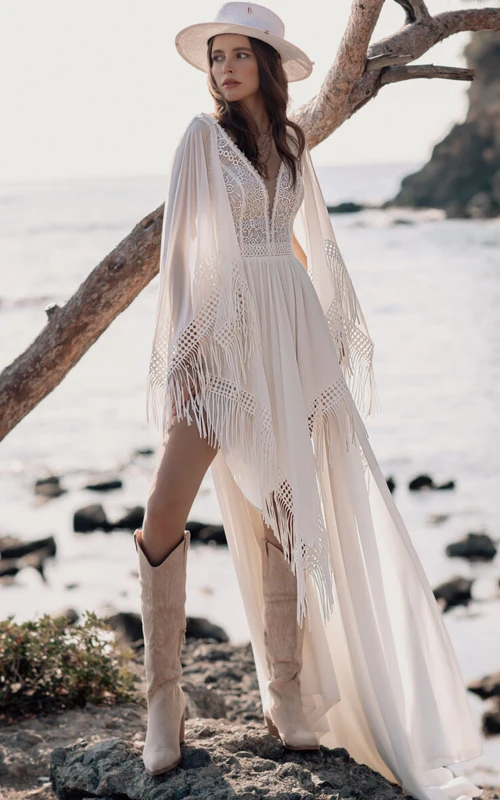 Plunged Long Sleeve Chiffon Pleated High-low Lace Bohemian Wedding Dress