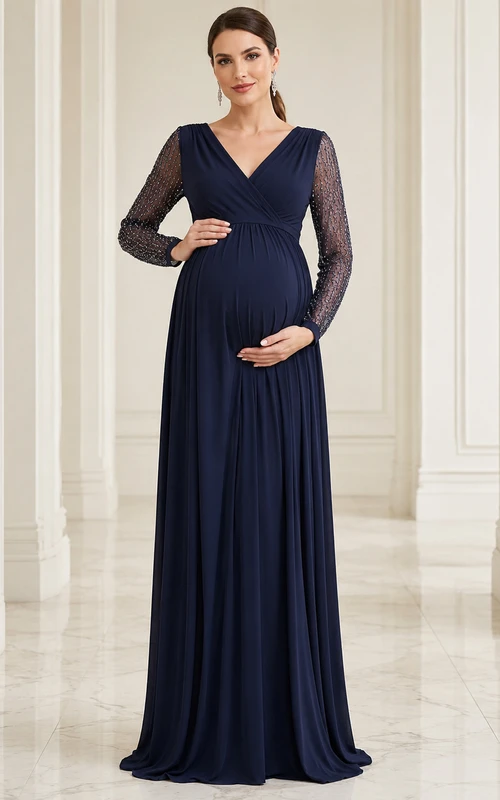 Formal Lace Maternity Dark Navy Empire Floor-length V-neck Long Sleeve Chiffon Modest Elegant Bridesmaid Reception Dress