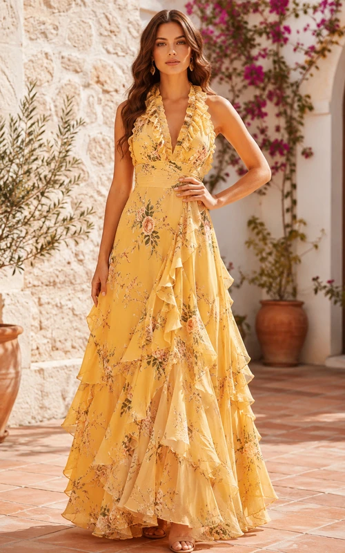 Yellow Floral Halter Ruffle Tiered Resort Maxi Dress