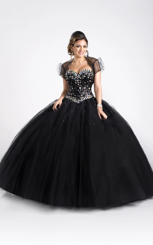 Robe de bal en tulle sans manches, coupe trapèze, bustier orné de cristaux et bonnet amovible