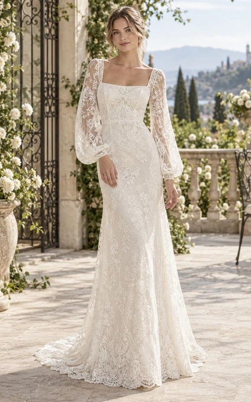 Vestido de novia de estilo español con encaje, espalda ilusión, mangas largas, escote cuadrado, corte recto, estampado floral, mangas obispo y cola larga.