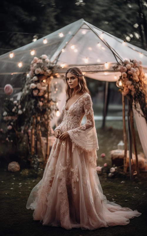 Vestido de novia de tul rosa palo con mangas acampanadas y apliques, estilo bohemio gitano.