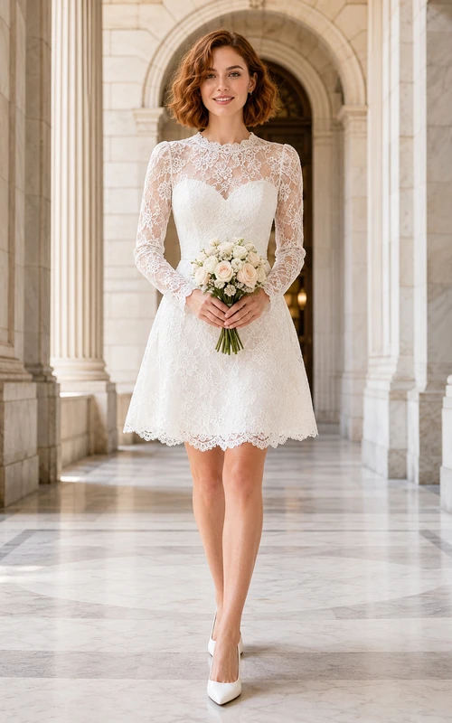 Short Lace Illusion Long Sleeve A-Line Elopement Bridal Dress