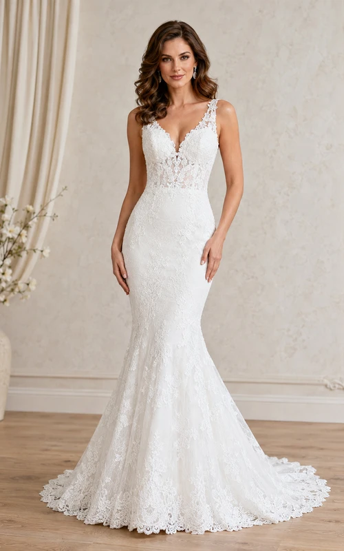 Romantic V-Neck Straps Lace Mermaid Floor Sweep Wedding Gown Reception