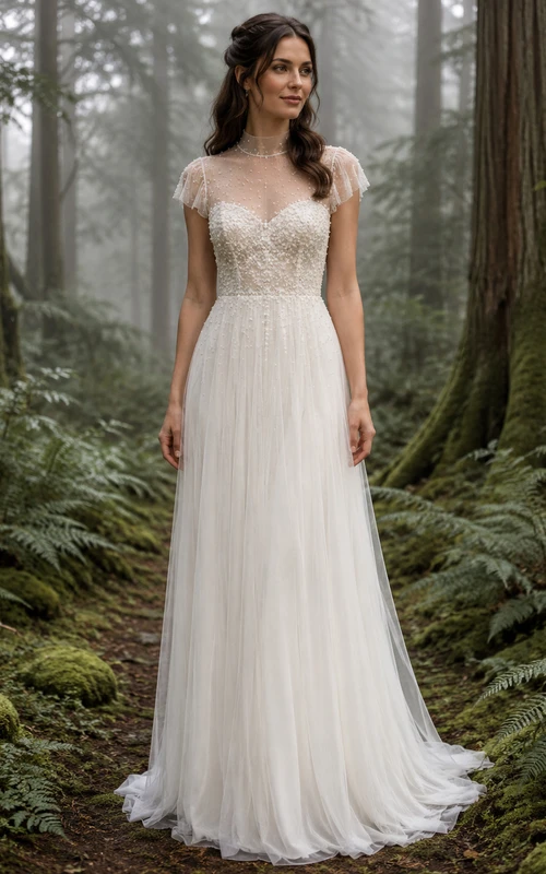 Cap Sleeve Lace Bodice Misty Woodland Tulle Elopement Gown