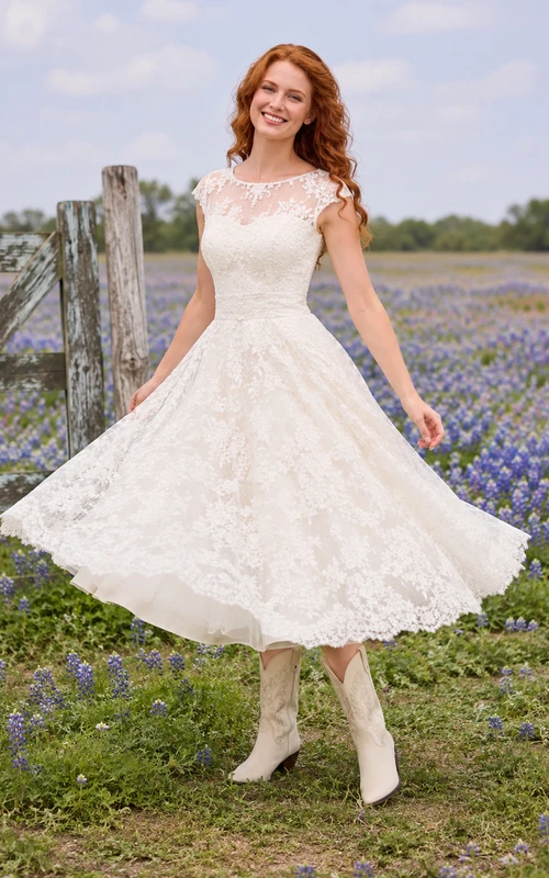 Wildflower Country Romantic Casual A-Line Lace Tulle Wedding Dress with Illusion Bodice Jewel Neck Short Sleeve Tea-Length Illusion Back Button Detail