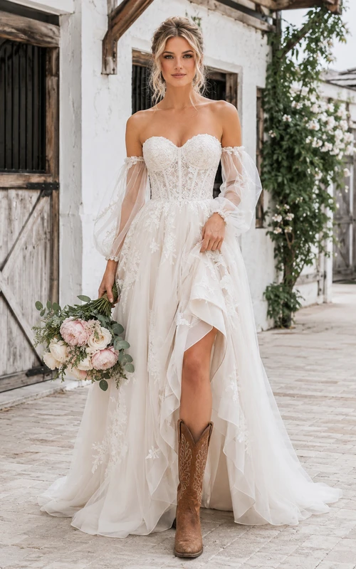 Rustic Country Boho Romantic A-Line Lace Tulle Wedding Dress with Off Shoulder Sweetheart Puff Sleeves Long Sleeve Floor-Length Train Split Skirt Appliques Lace-Up Corset Back Open Back