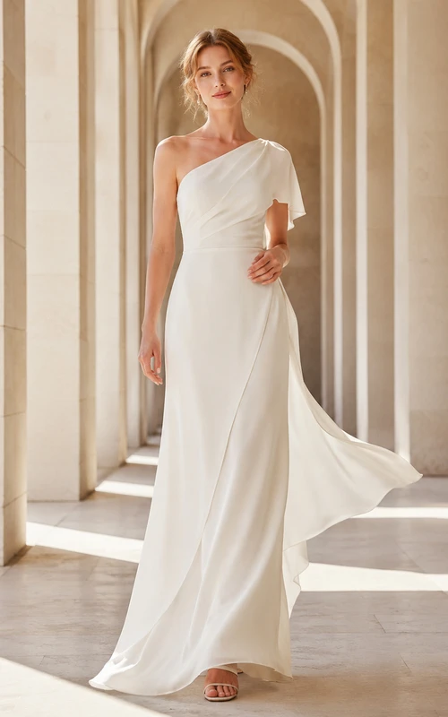 Soft Asymmetric One Shoulder Draped Minimalist Architecture Gown