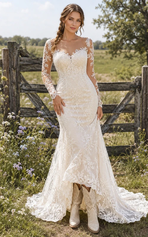 Vestido de novia rústico de encaje estilo sirena con mangas largas, escote corazón y espalda descubierta.