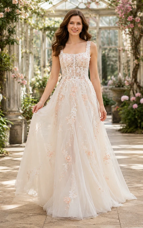 Square Neck Floral Embroidered Tulle Greenhouse Bridal Gown