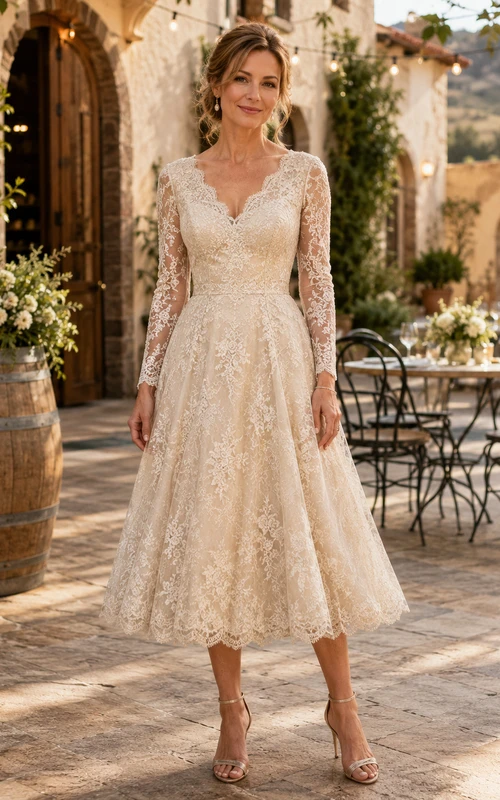 Long Sleeve Lace V Neck Tea Bridal Dress Natural Waist