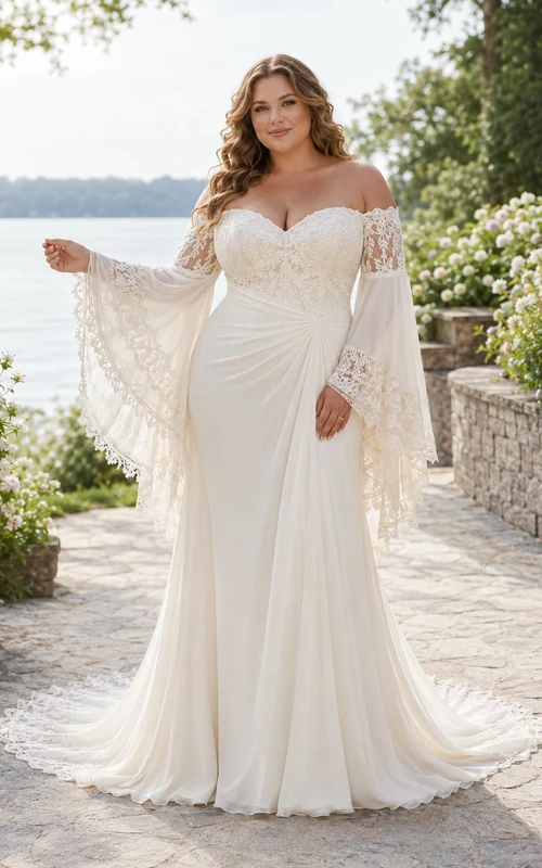 Robe de mariée fourreau grande taille à épaules dénudées, manches en dentelle et traîne