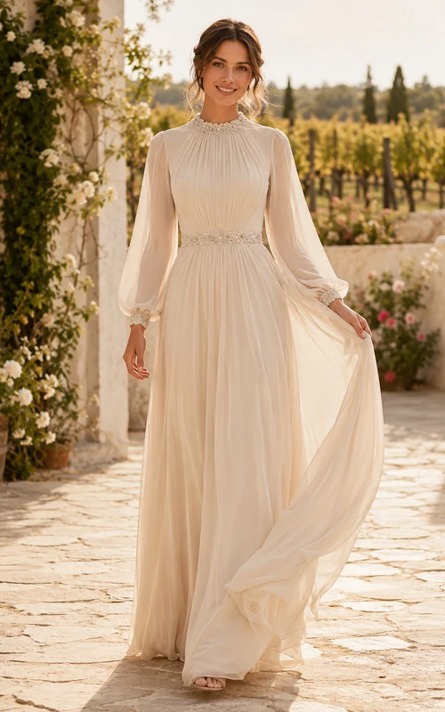 Champagne Gathered High Neck Long Sleeve Chiffon A Line Bridal Gown