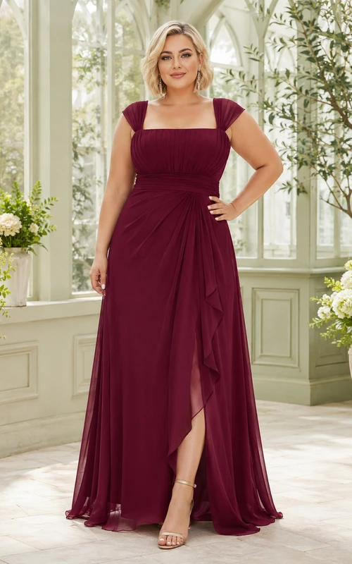 Burgundy Chiffon Plus Size Square Neck Gown With Slit