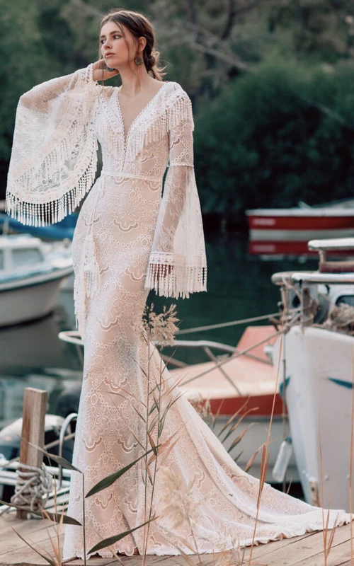 Plunged Boho Bell Long Sleeve Sheath Low-v Back Wedding Dress with Sweep Train