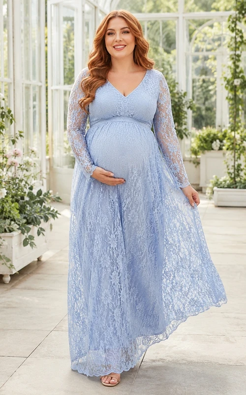 Sky Blue Plus Size Maternity Lace Long Sleeve A-Line Floor Dress