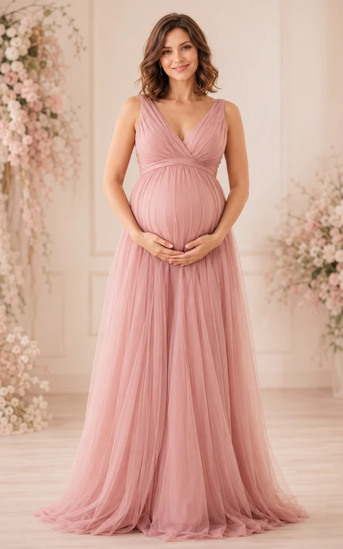 Dusty Rose Maternity V-Neck Tulle Empire A-Line Romantic Floor Gown