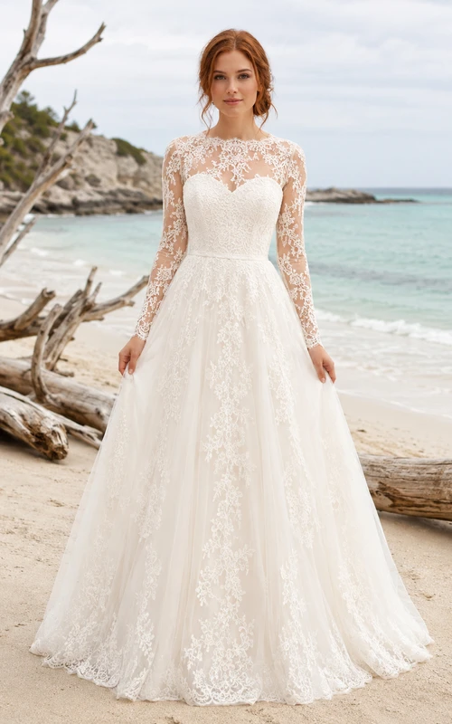 Vintage Lace Long Sleeve Coastal A-Line Bridal Gown