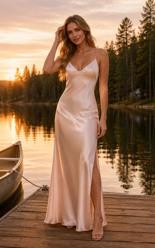 Spaghetti Strap Satin Split Lakeside Dock Elopement Dress