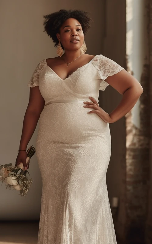 V-neck Short-sleeve Plus Size Lace Mermaid Wedding Dress