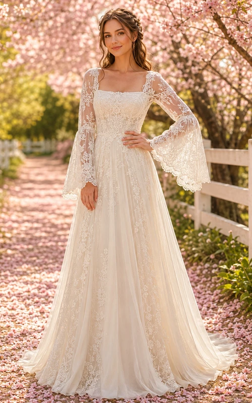 Boho Bell Sleeve Square Neck Cherry Blossom Bridal Gown