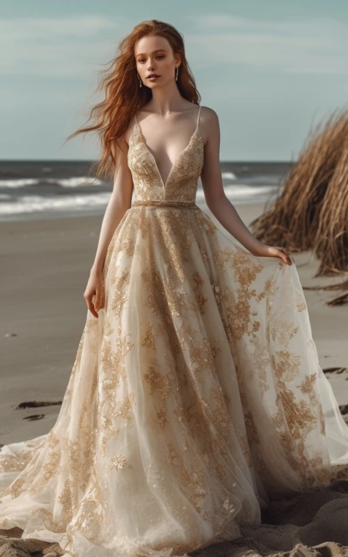 Elegant Yellow Gold Tulle Plunging Wedding Ball Gown with Appliques