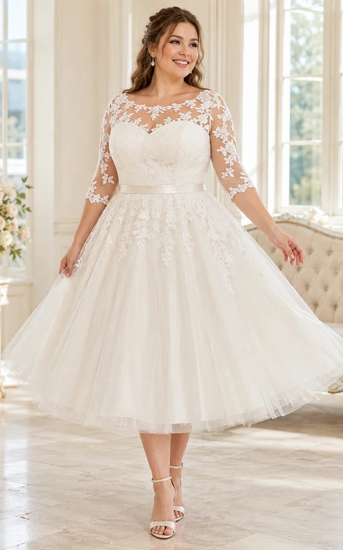 Plus Size High Neck Three-Quarter Lace Sleeve Tulle Tea-Length Wedding Dress