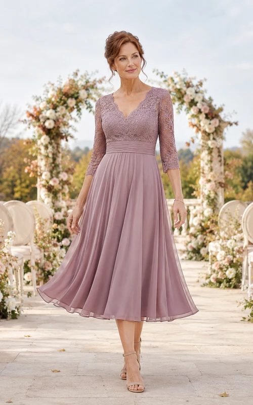 Romantisches Vintage-Brautmutterkleid in Mauve-Milch mit A-Linie, Teelänge, Rundhalsausschnitt am Spitzenoberteil und Dreiviertelärmeln