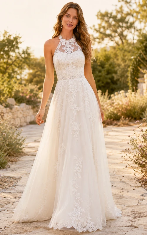 Bohemian Halter High Neck Lace Chiffon A-Line Illusion Sweep Train Wedding Gown