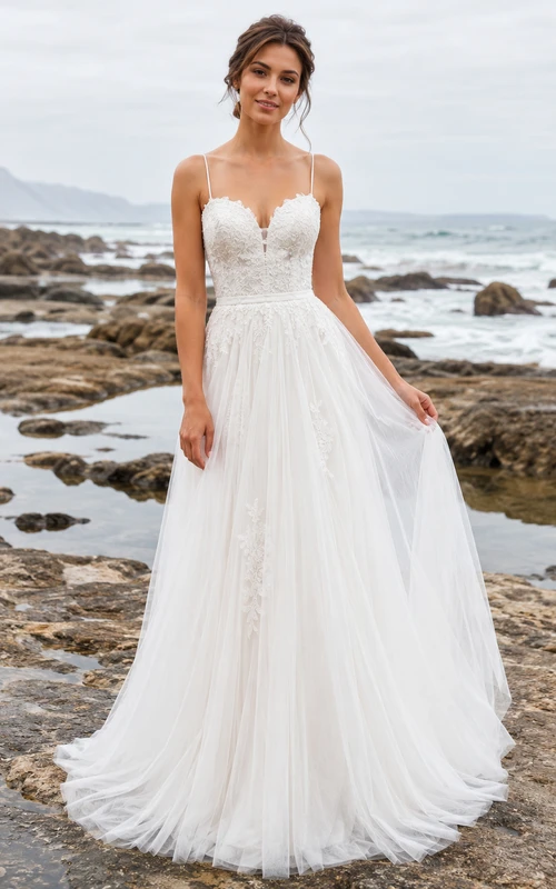 Spaghetti Strap Lace Bodice Rocky Shoreline A Line Gown