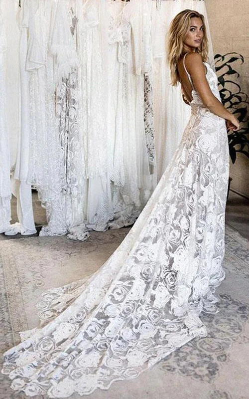 Spaghetti Sexy V-neck Sleeveless Sheath Low-v Back Floral Wedding Dress