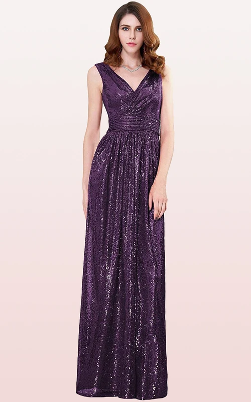 Robe de demoiselle d'honneur longue à sequins, coupe trapèze, col en V et fronces