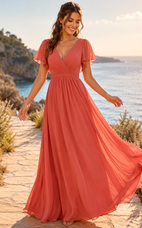 Coral Oceanfront A-Line Chiffon Bridesmaid Dress with V-Neck Flutter Sleeve Bodice, Pleated Floor-Length Skirt and Low V Back