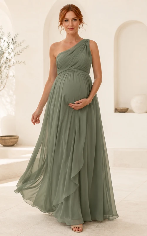 Celadon One-Shoulder Draped Chiffon Empire Maternity Bridesmaid Gown Modern Garden