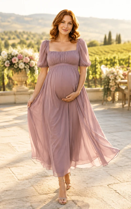 Mauve Maternity Square Neck Tulle Tea-Length Dress