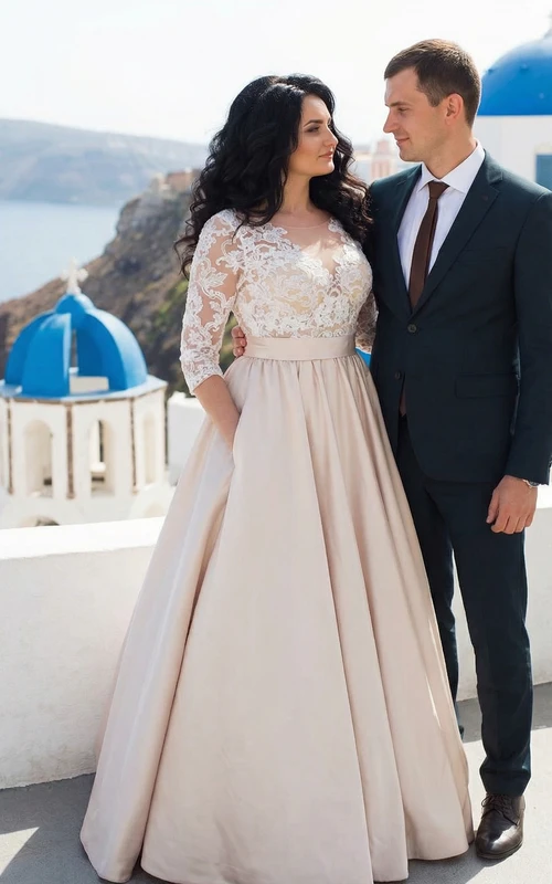 V-Neck Appliqued Satin Plus Size Wedding Dress