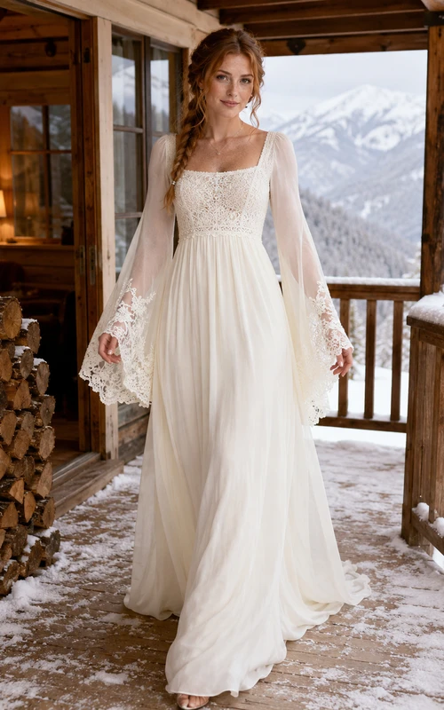 Winter Boho Square Neck Bell Sleeve Wedding Dress