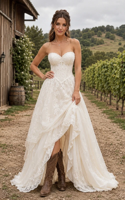 Strapless A-Line Wedding Dress with Sweetheart Lace and High-Low Tulle Train
