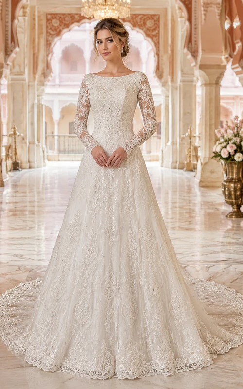 Modest Bateau Neck Long Sleeve Allover Lace A-Line Illusion Chapel Train Wedding Gown